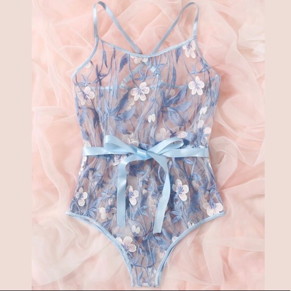 New Blue Floral Mesh Small Bodysuit Teddy Lingerie
